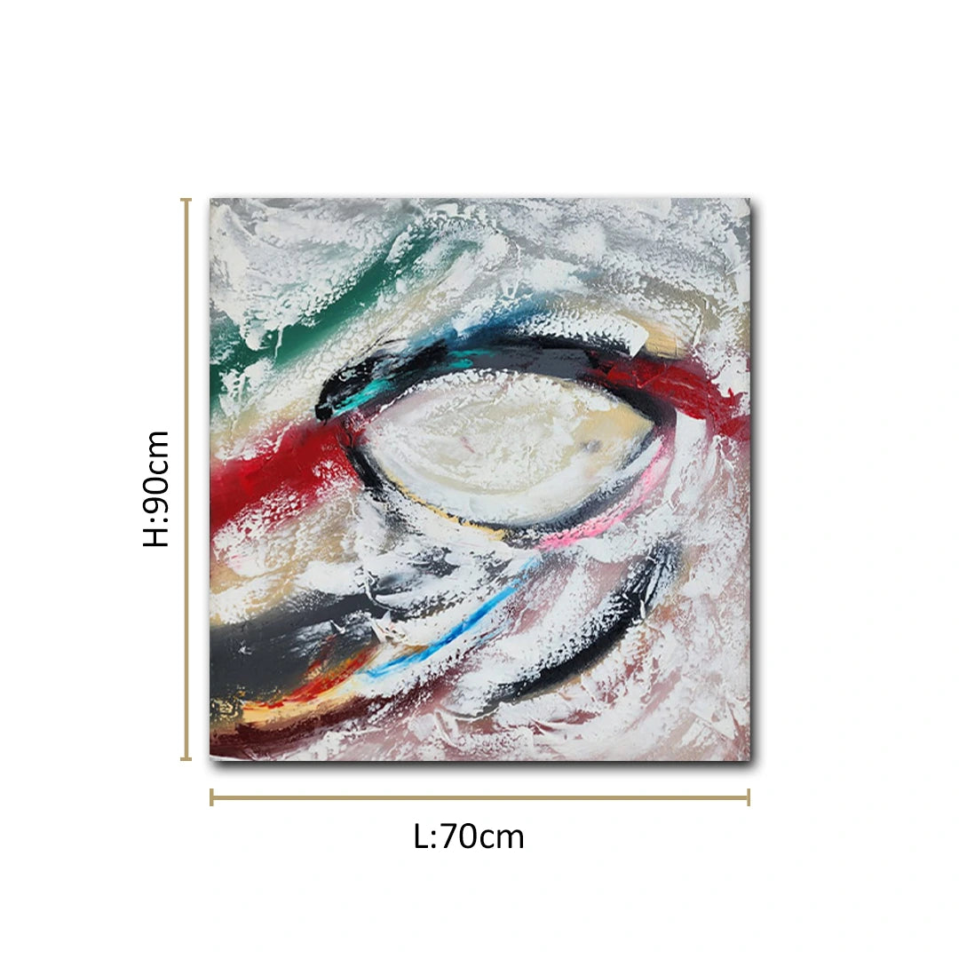 Luxury abstract canvas wall painting featuring expressive black, white, red, teal, blue, and gold brushstrokes on premium canvas.