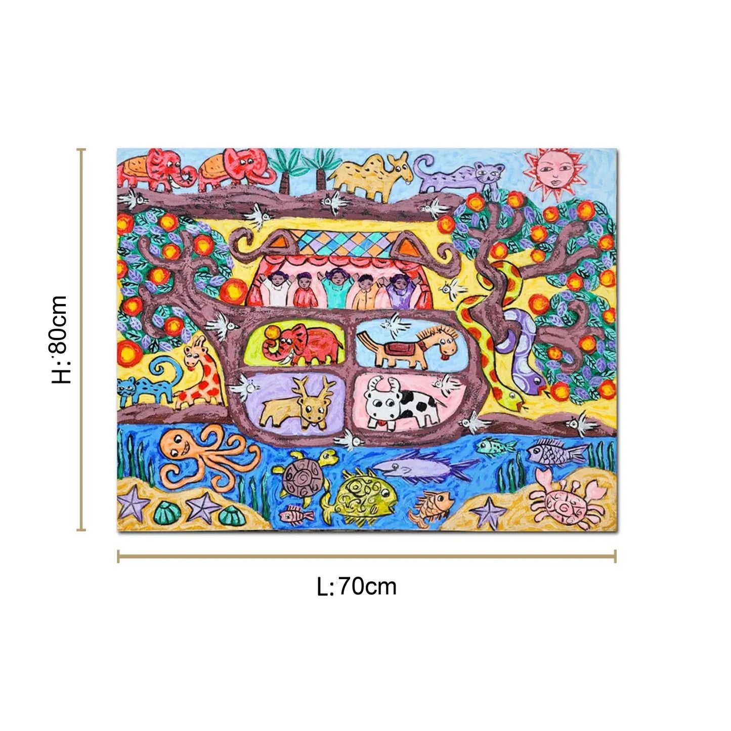 Colorful folk art canvas painting featuring wildlife, birds, marine life, trees, and whimsical nature-inspired storytelling.