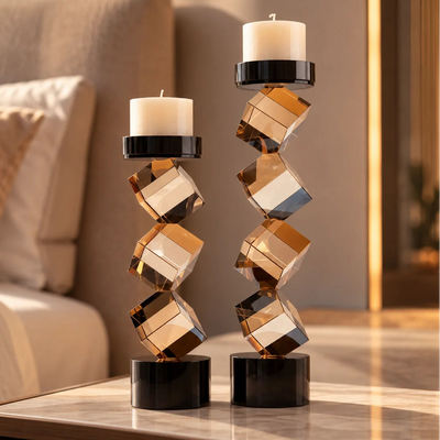 Geo Twist Candle Holder | Modern Geometric Candle Stand with Faceted Amber-Tone Design and Black Base, Decorative Tabletop Candle Holder
