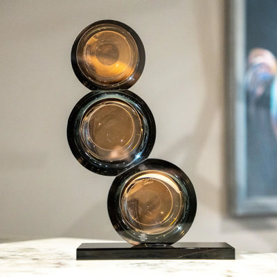 Modern Spherical Table Decor | Smoky Amber and Silver Reflective Decorative Accent with Black Base for Living Room, Office and Console Table