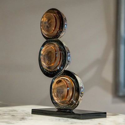 Modern Spherical Table Decor | Smoky Amber and Silver Reflective Decorative Accent with Black Base for Living Room, Office and Console Table