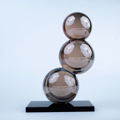 Modern Spherical Table Decor | Smoky Amber and Silver Reflective Decorative Accent with Black Base for Living Room, Office and Console Table