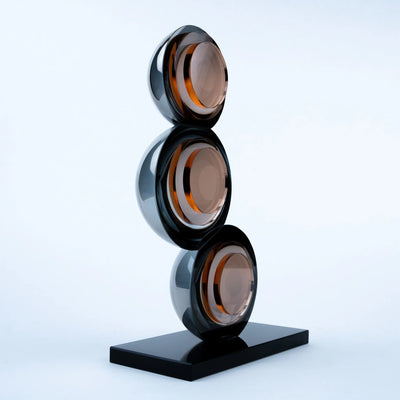 Modern Spherical Table Decor | Smoky Amber and Silver Reflective Decorative Accent with Black Base for Living Room, Office and Console Table