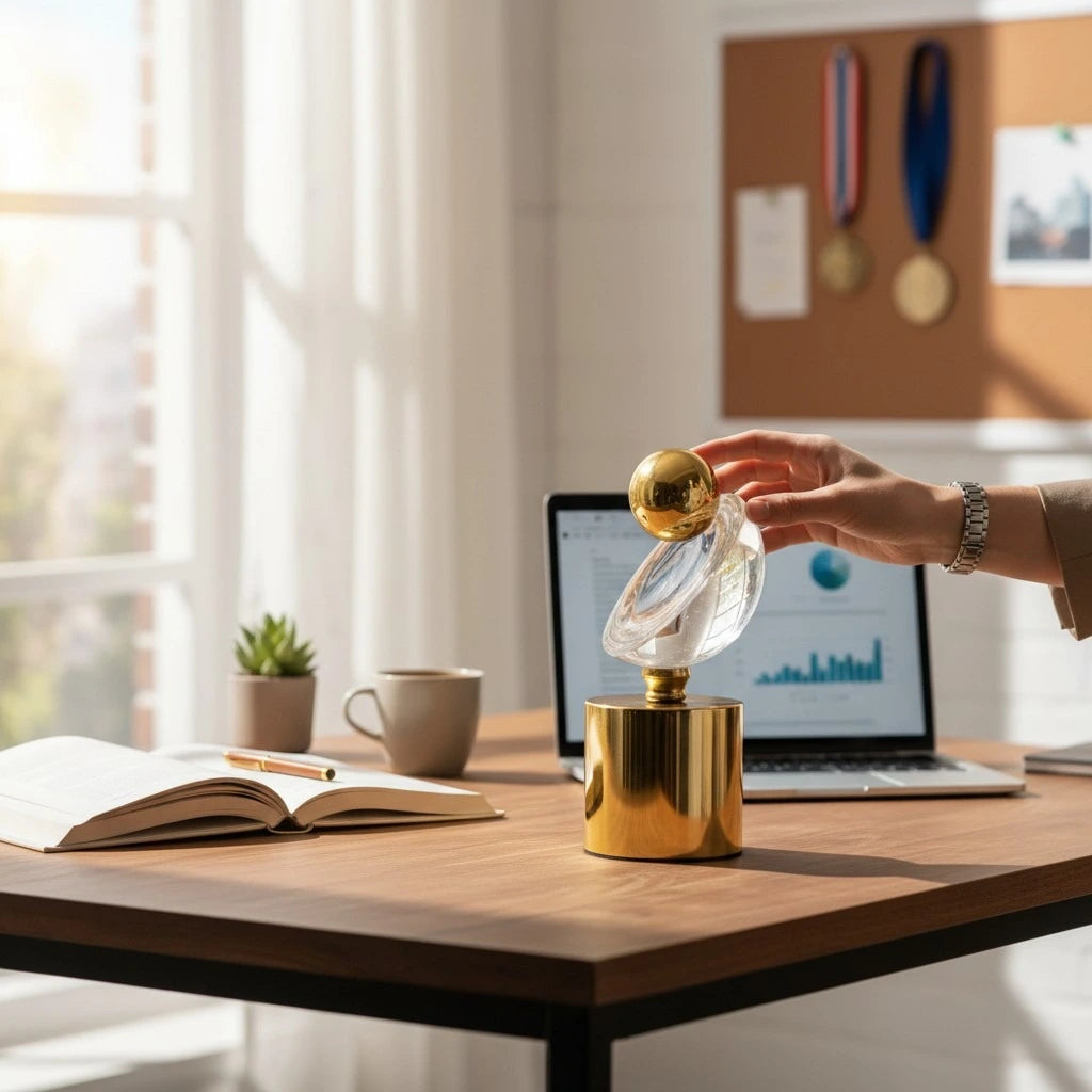 Gold and clear crystal-effect abstract sculpture with spherical top and cylindrical base
