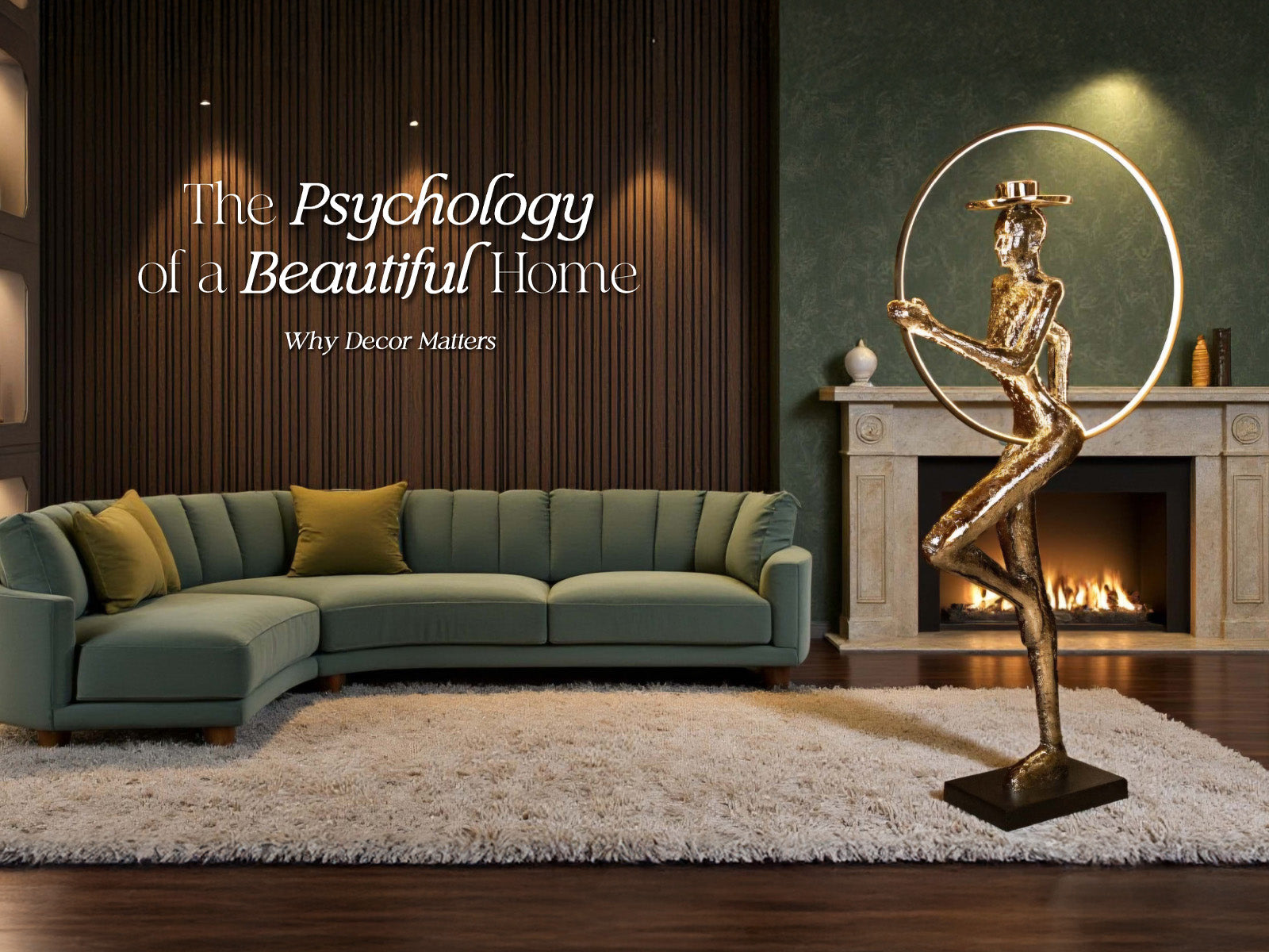 Modern luxury living room interior featuring electroplated gold human sculpture statement decor piece