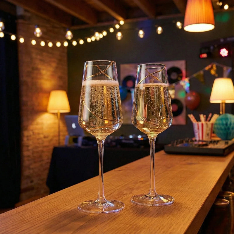Luxury champagne flute glasses with elegant gold swirl detailing filled with sparkling wine on a wooden bar counter
