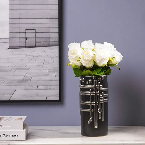 Silver Grid Black Vase Large