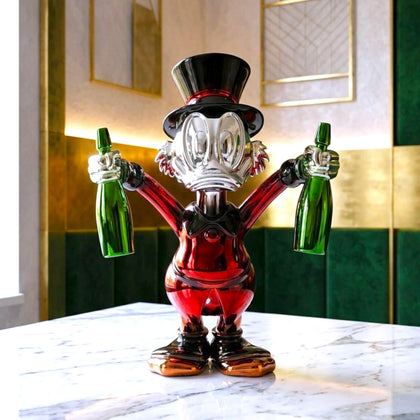 red duck figurine holding green bottle chrome finish luxury cartoon decor accent