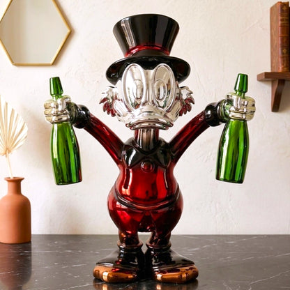 red duck figurine holding green bottle chrome finish luxury cartoon decor accent