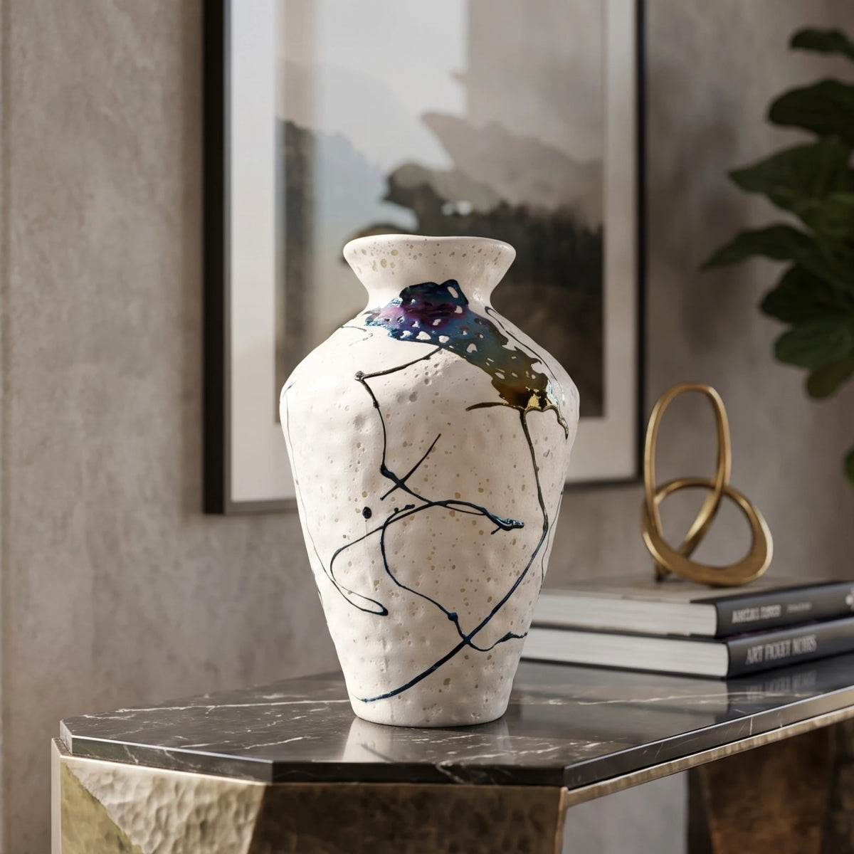 Abstract Splash White Ceramic Vase