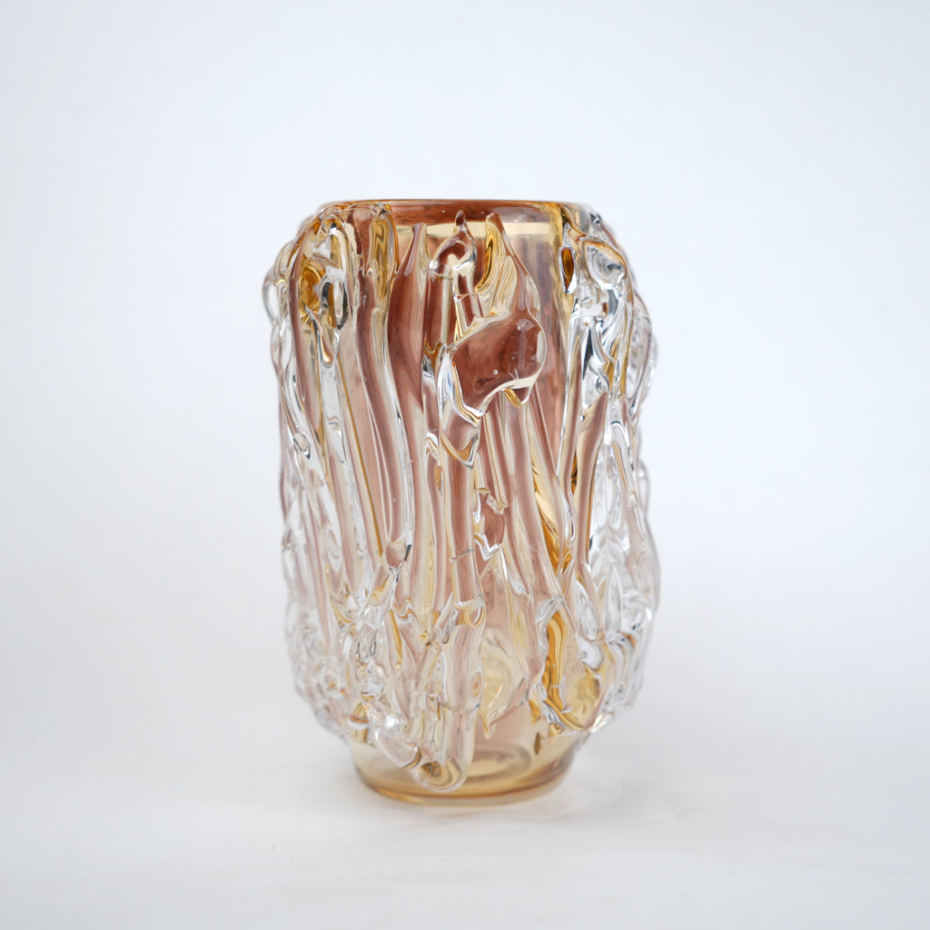 Dual tone glass vase with amber and rose tint and textured molten design in two sizes