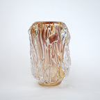 Dual tone glass vase with amber and rose tint and textured molten design in two sizes