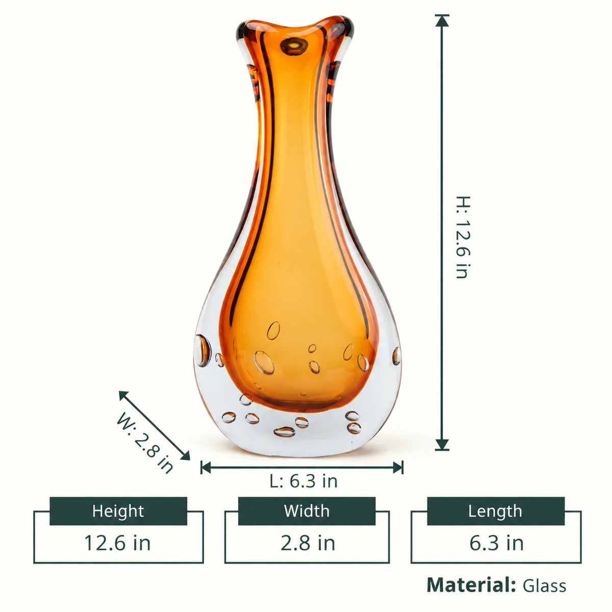 Amber clear art glass decorative vase with layered color center and elongated glass form.