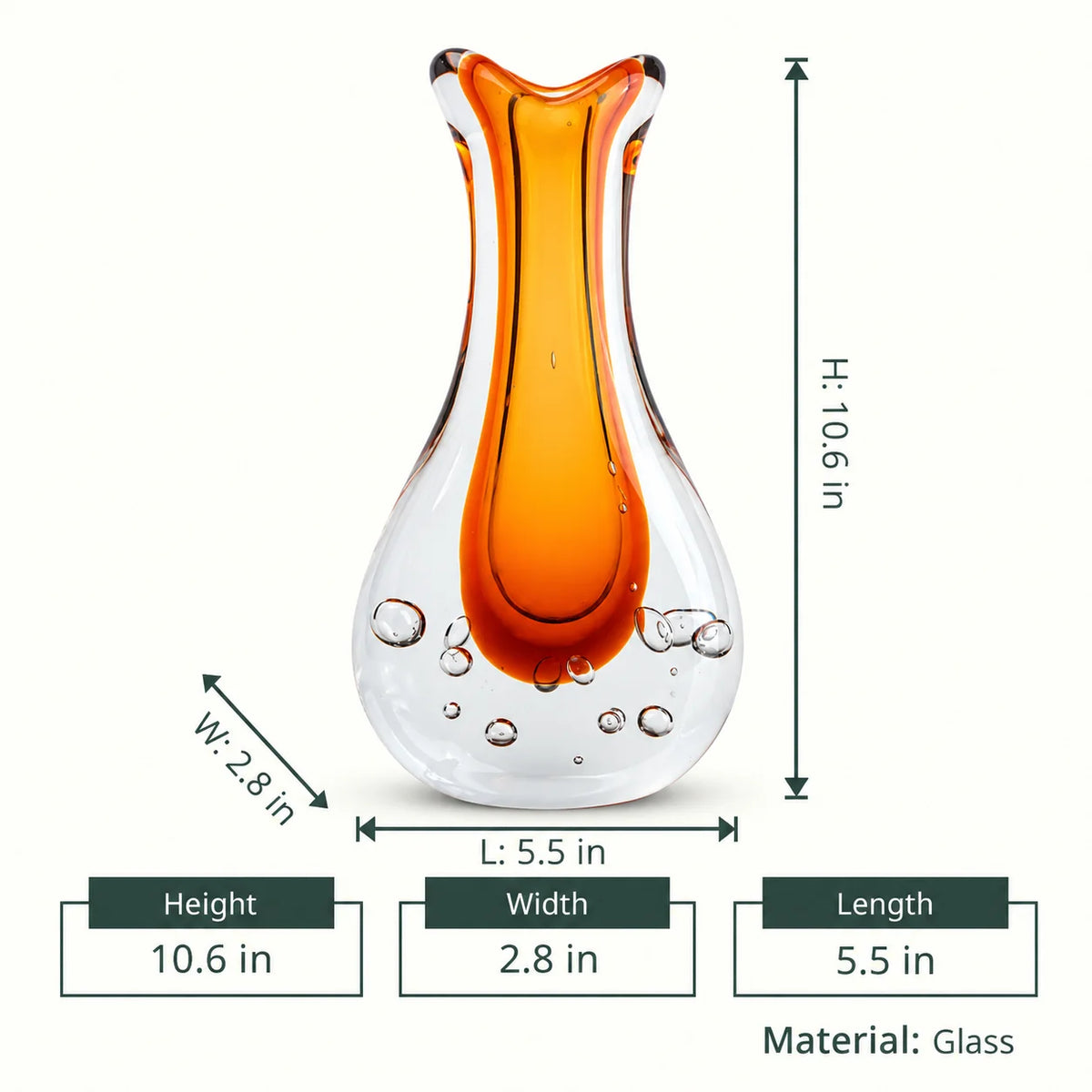 Amber clear art glass decorative vase with layered color center and elongated glass form.