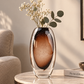 Amber brown oval decorative glass vase with stem opening
