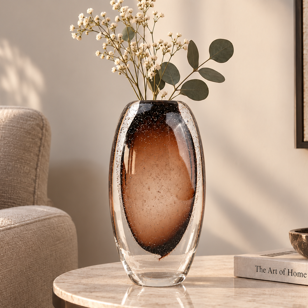 Amber brown oval decorative glass vase with stem opening