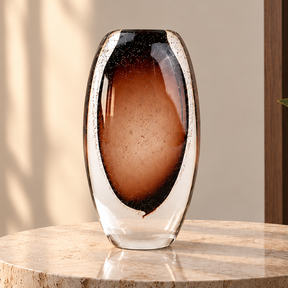Amber brown oval decorative glass vase with stem opening