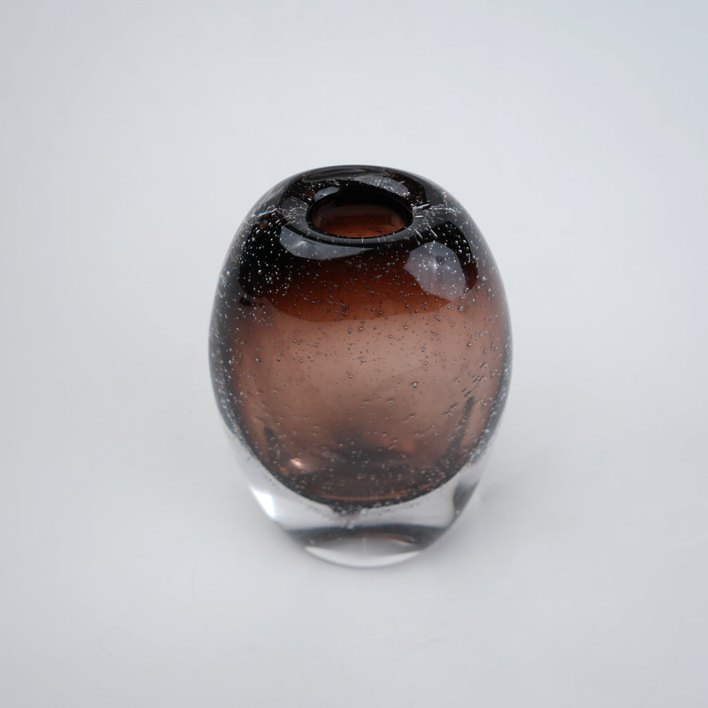Amber brown oval decorative glass vase with stem opening