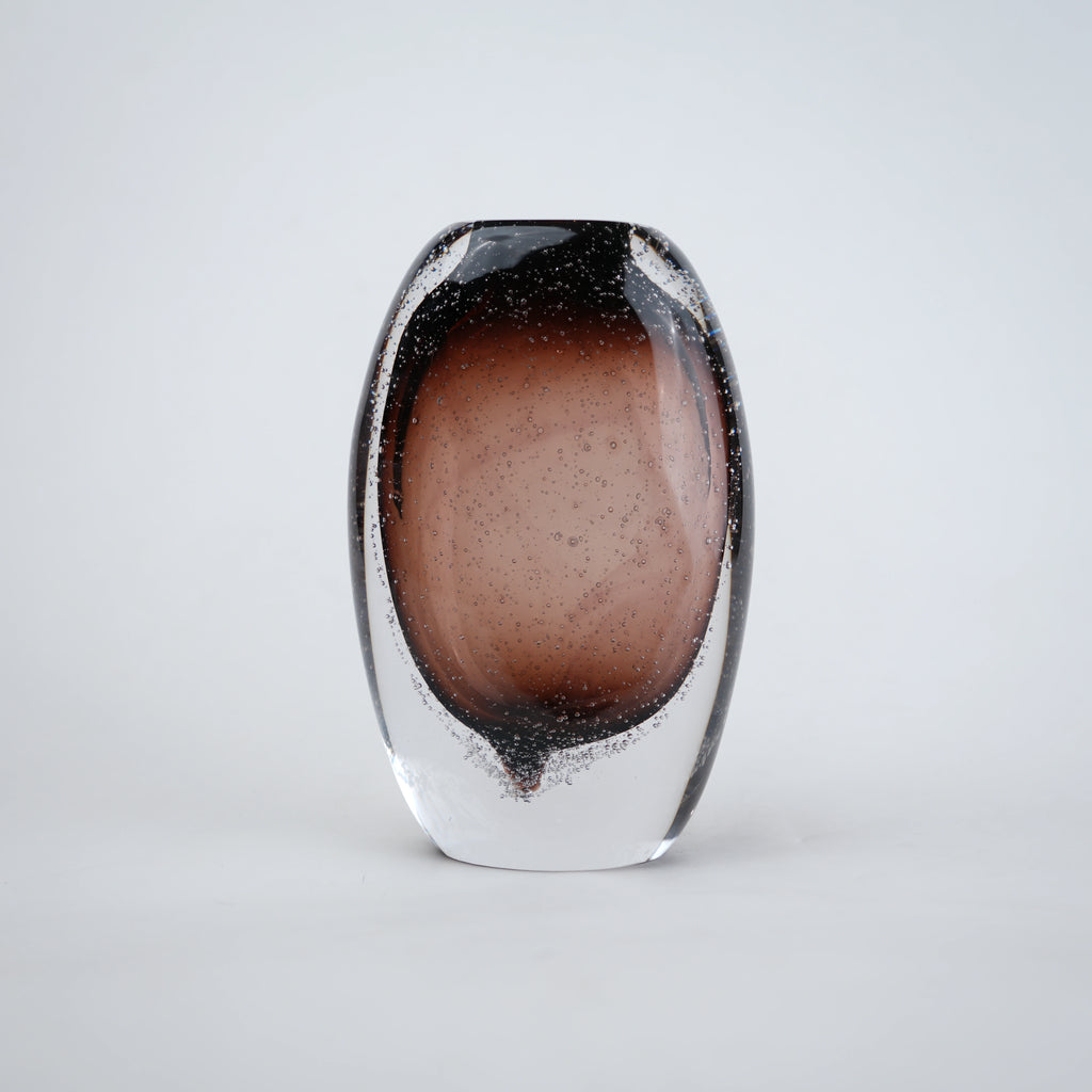 Amber brown oval decorative glass vase with stem opening