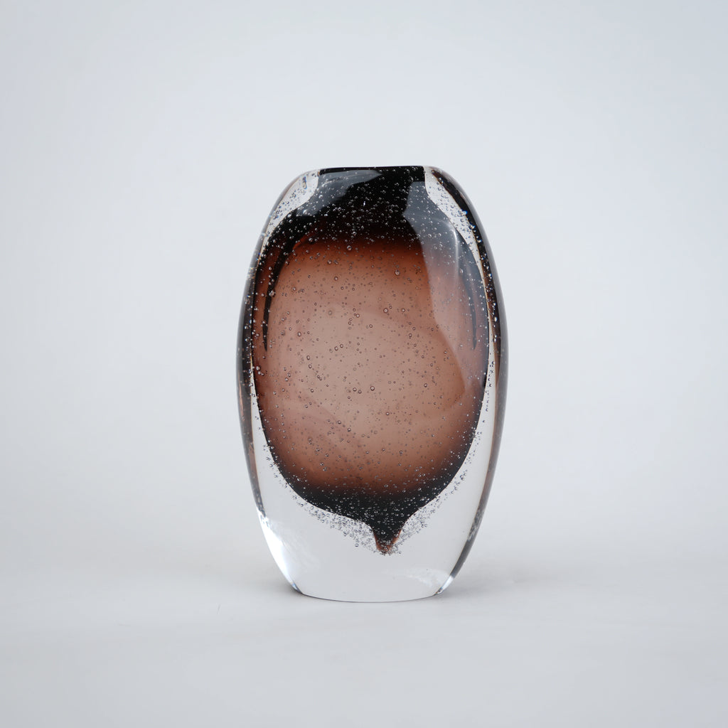 Amber brown oval decorative glass vase with stem opening