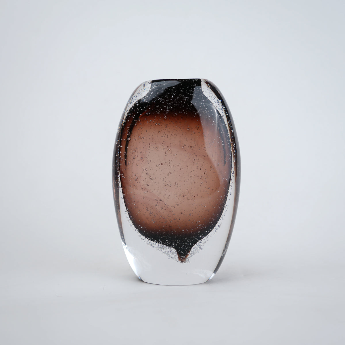 Amber brown oval decorative glass vase with stem opening