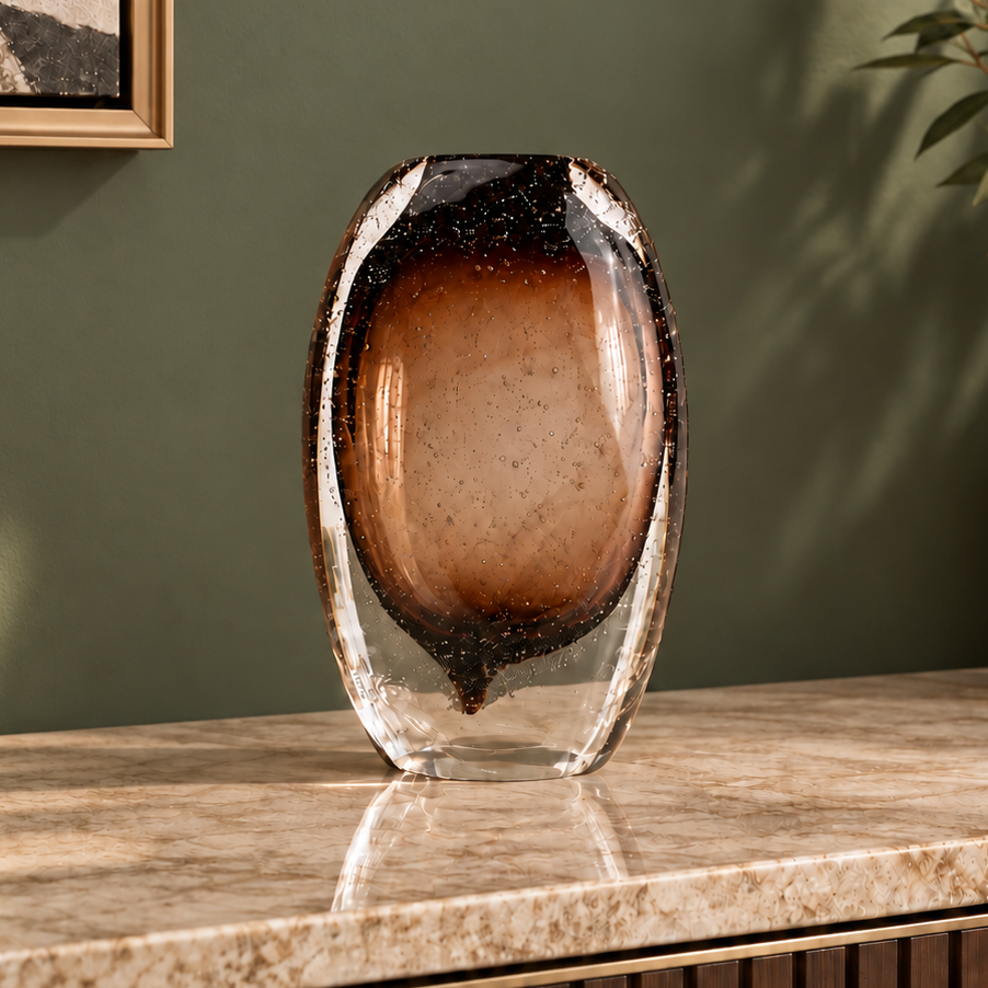 Amber brown oval decorative glass vase with stem opening