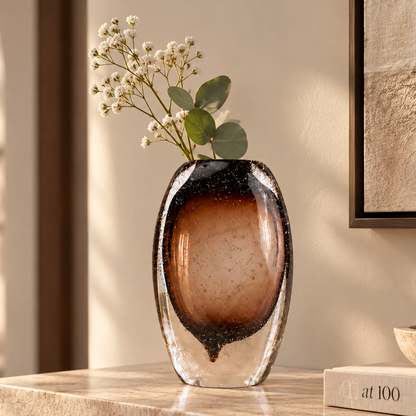 Amber brown oval decorative glass vase with stem opening