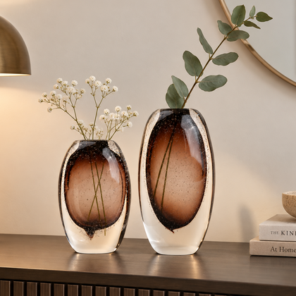 Amber brown oval decorative glass vase with stem opening
