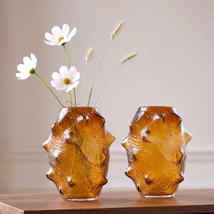 Amber hammered vase duo, scale shot