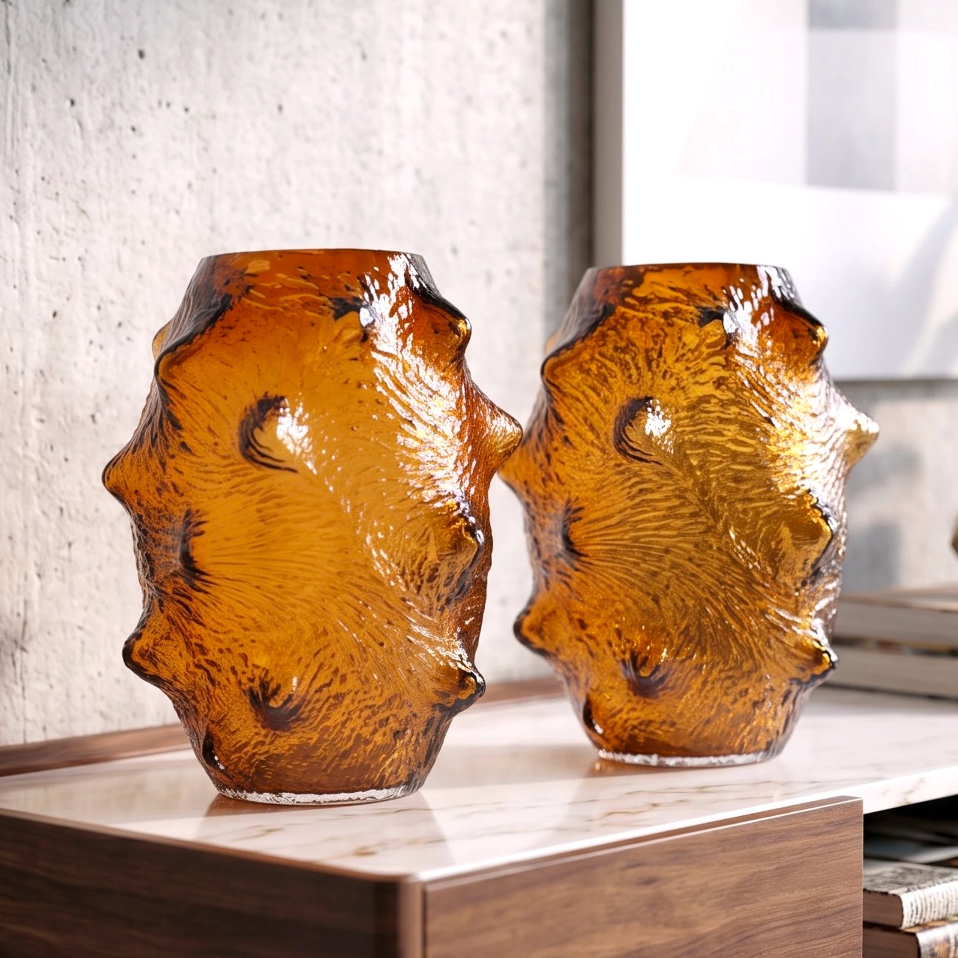 Amber hammered vase duo, scale shot