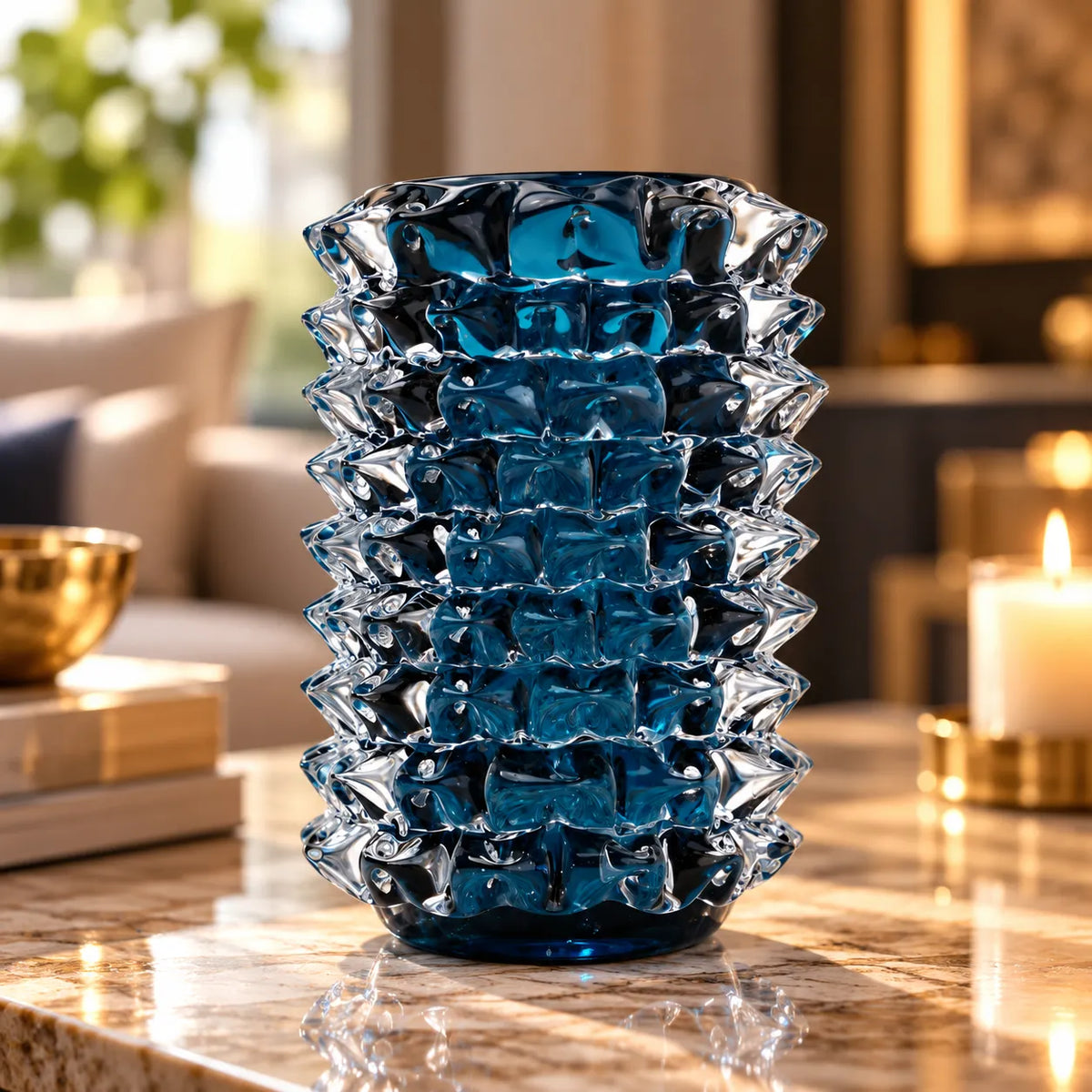 A tall, textured blue glass vase with a faceted, stacked geometric pattern, displayed on a polished marble table in a warmly lit living room setting.