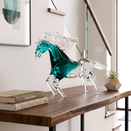 Aqua teal glass horse figurine with clear glass body and textured mane detail