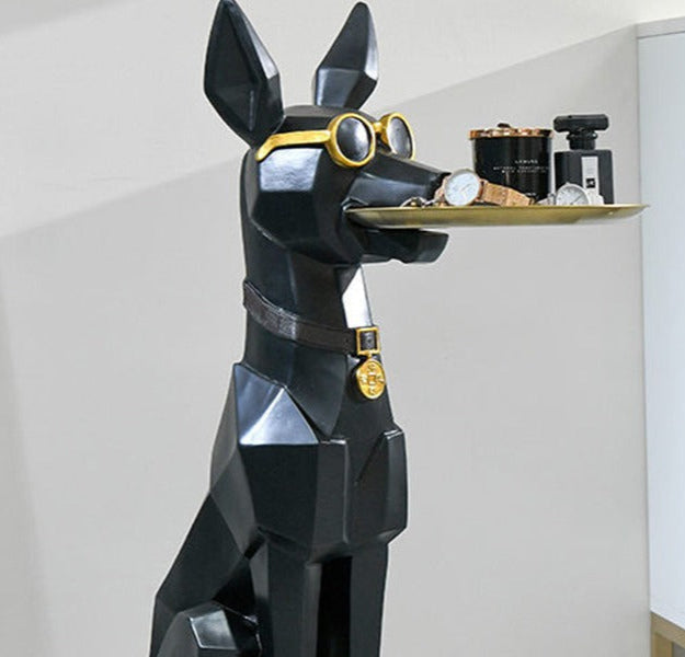 Black dog butler decor holding tray standing upright modern home accent