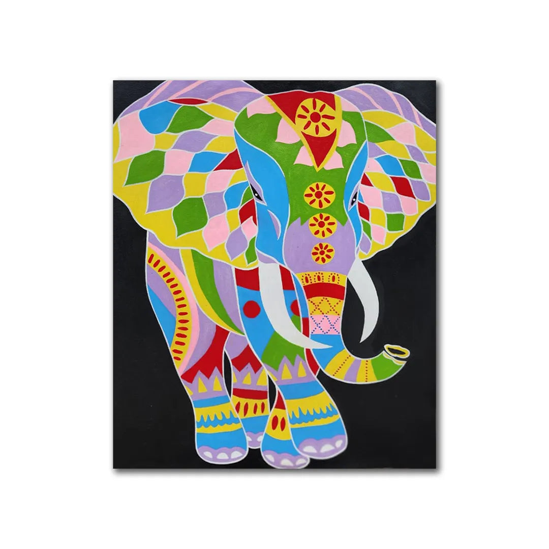 Colorful elephant canvas painting with vibrant geometric artwork for modern luxury wall décor interiors