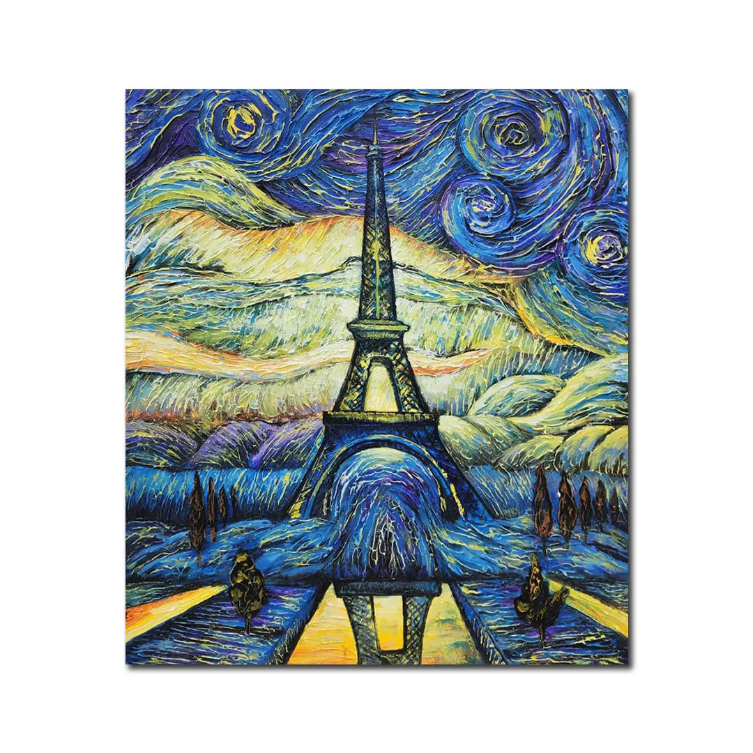 Paris canvas painting featuring the Eiffel Tower beneath a swirling starry sky in a vibrant impressionist style.
