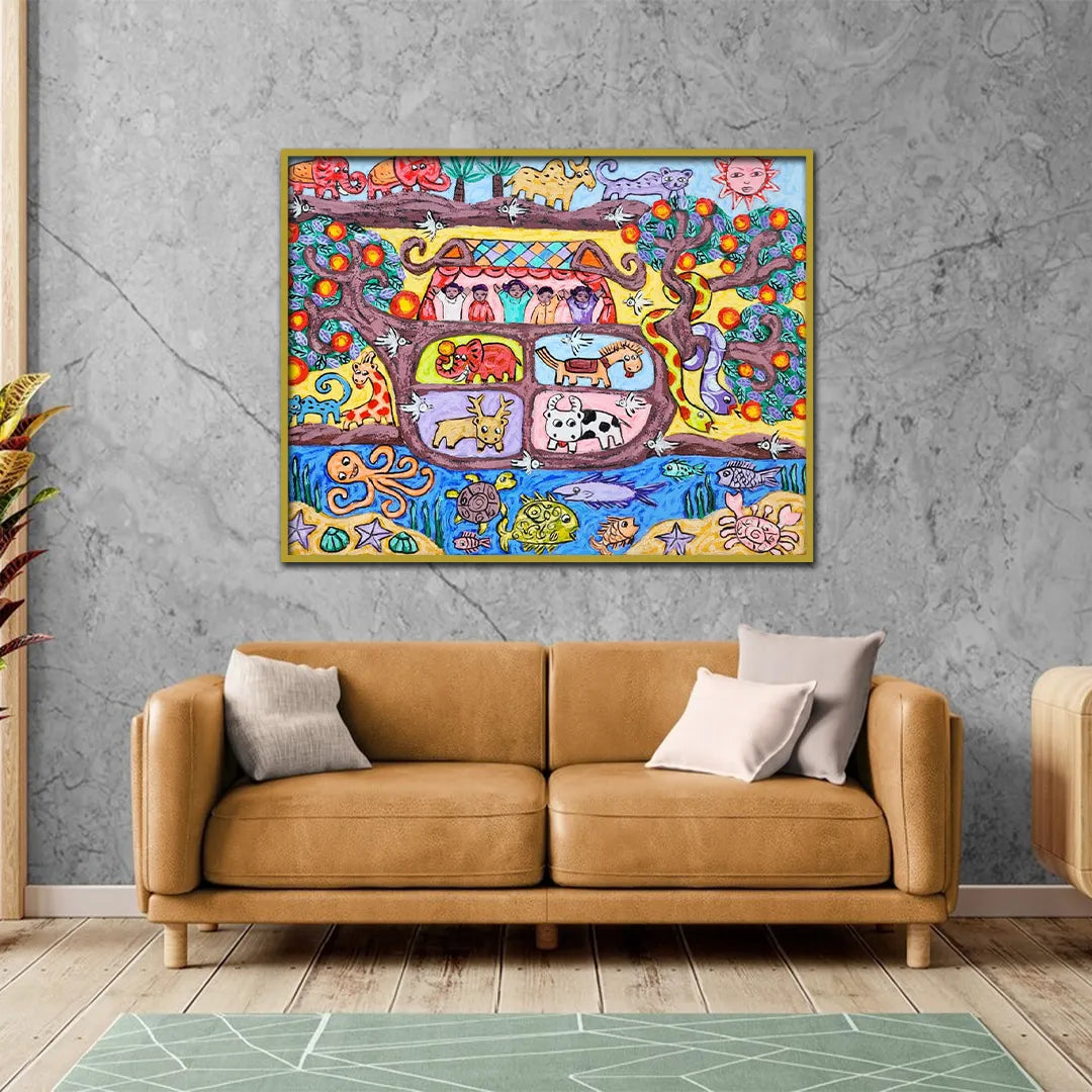 Colorful folk art canvas painting featuring wildlife, birds, marine life, trees, and whimsical nature-inspired storytelling.