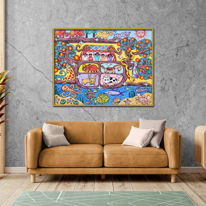 Colorful folk art canvas painting featuring wildlife, birds, marine life, trees, and whimsical nature-inspired storytelling.
