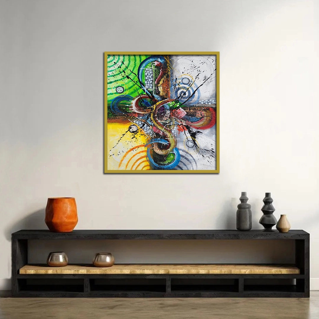 Luxury abstract canvas wall painting featuring vibrant geometric forms, colorful circular patterns, and expressive contemporary brushstrokes on premium canvas.