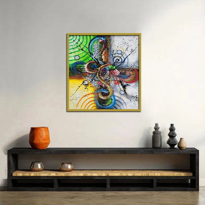 Luxury abstract canvas wall painting featuring vibrant geometric forms, colorful circular patterns, and expressive contemporary brushstrokes on premium canvas.