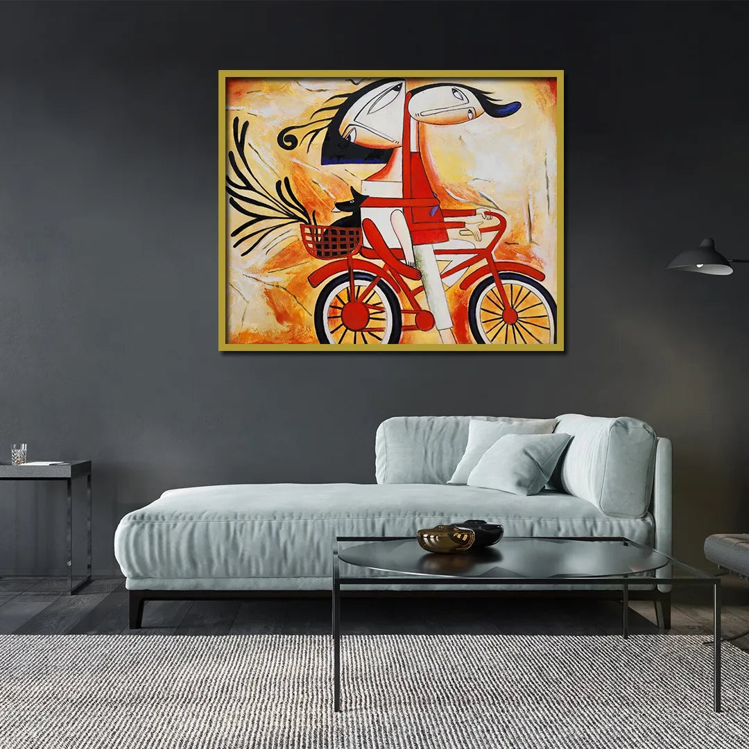 Abstract canvas painting featuring a whimsical couple riding a red bicycle with expressive faces and vibrant artistic details.