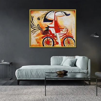 Abstract canvas painting featuring a whimsical couple riding a red bicycle with expressive faces and vibrant artistic details.