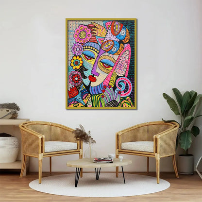 Colourful abstract face wall art with vibrant multicolour patterns