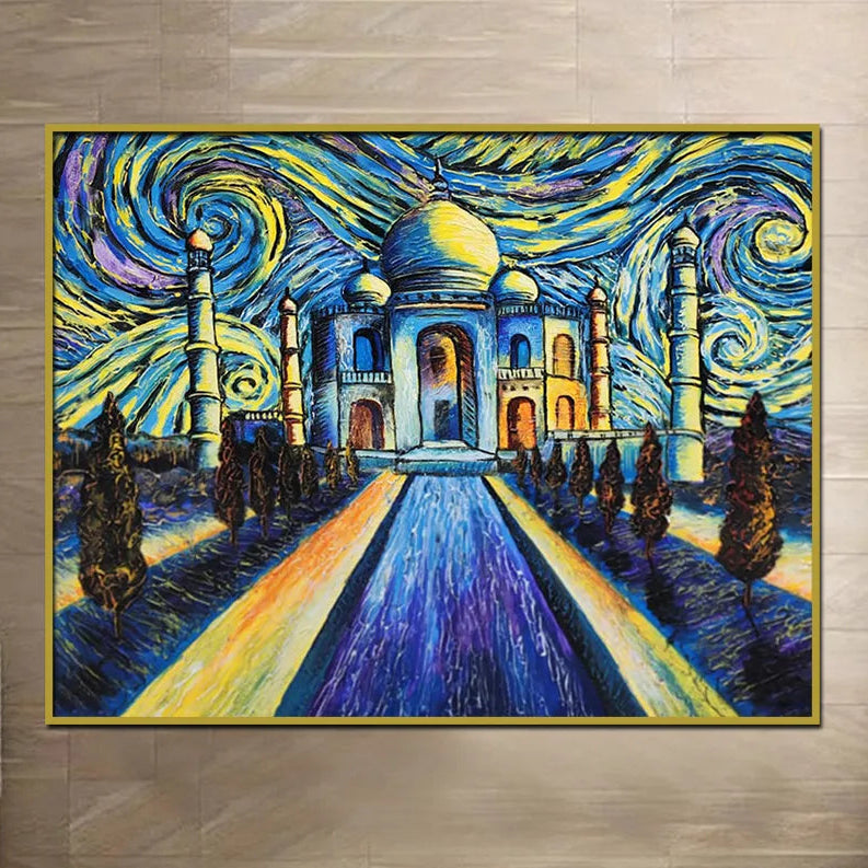 Taj Mahal canvas painting featuring a vibrant impressionist-style starry sky with expressive blue and golden brushstrokes.