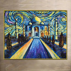 Taj Mahal canvas painting featuring a vibrant impressionist-style starry sky with expressive blue and golden brushstrokes.