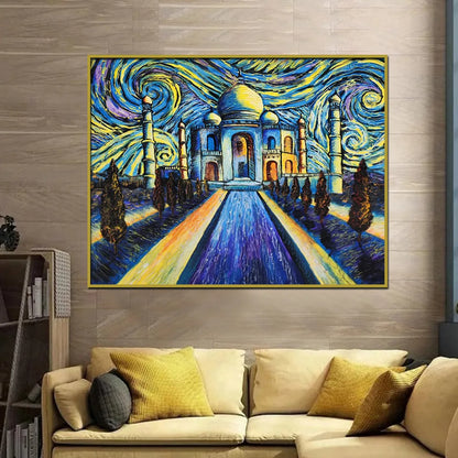 Taj Mahal canvas painting featuring a vibrant impressionist-style starry sky with expressive blue and golden brushstrokes.
