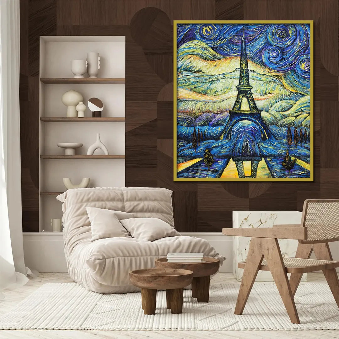 Paris canvas painting featuring the Eiffel Tower beneath a swirling starry sky in a vibrant impressionist style.