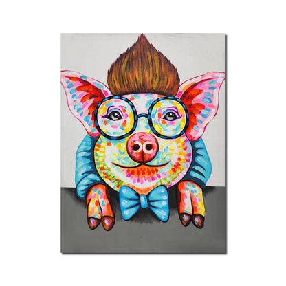 Colorful pop art pig canvas painting with round glasses, blue bow tie, and vibrant abstract detailing.