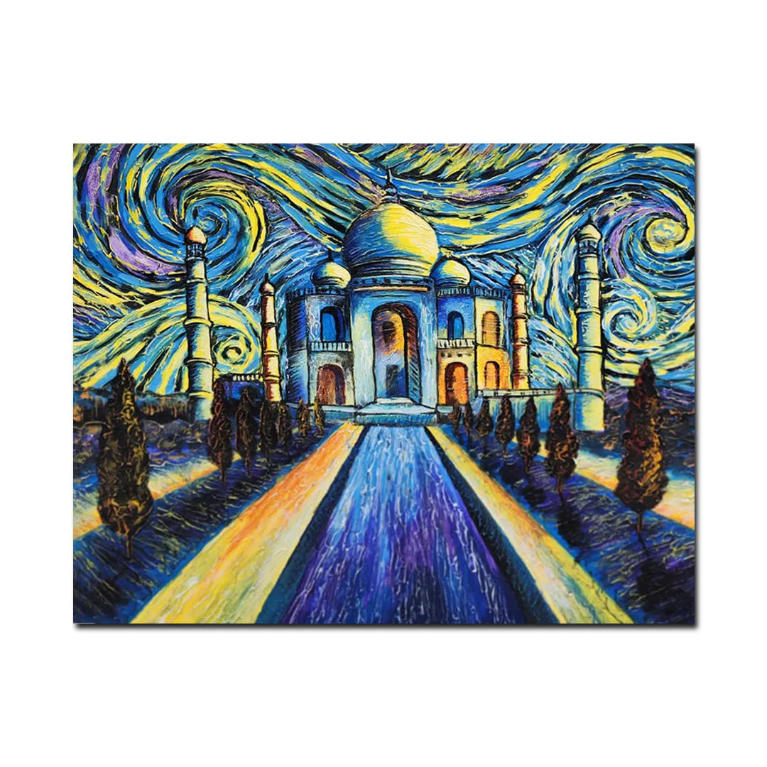 Taj Mahal canvas painting featuring a vibrant impressionist-style starry sky with expressive blue and golden brushstrokes.