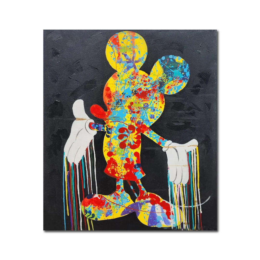 Colorful abstract pop art mouse silhouette canvas painting with vibrant paint splashes on a black background.