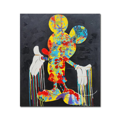 Colorful abstract pop art mouse silhouette canvas painting with vibrant paint splashes on a black background.